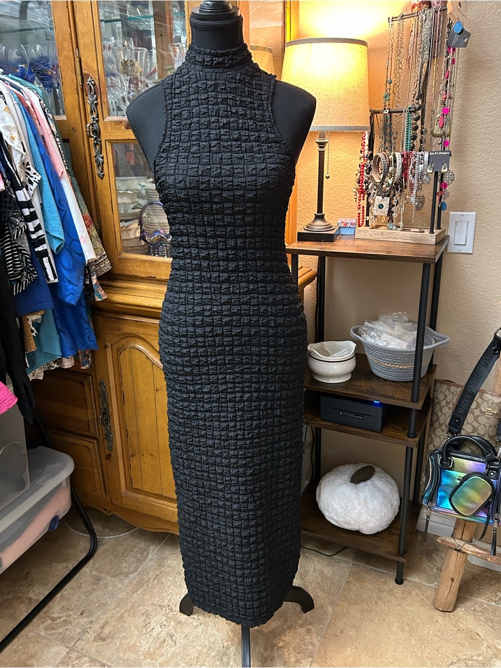 Urban Outfitters Black Textured Crinkle Mock Neck Midi Dress Small